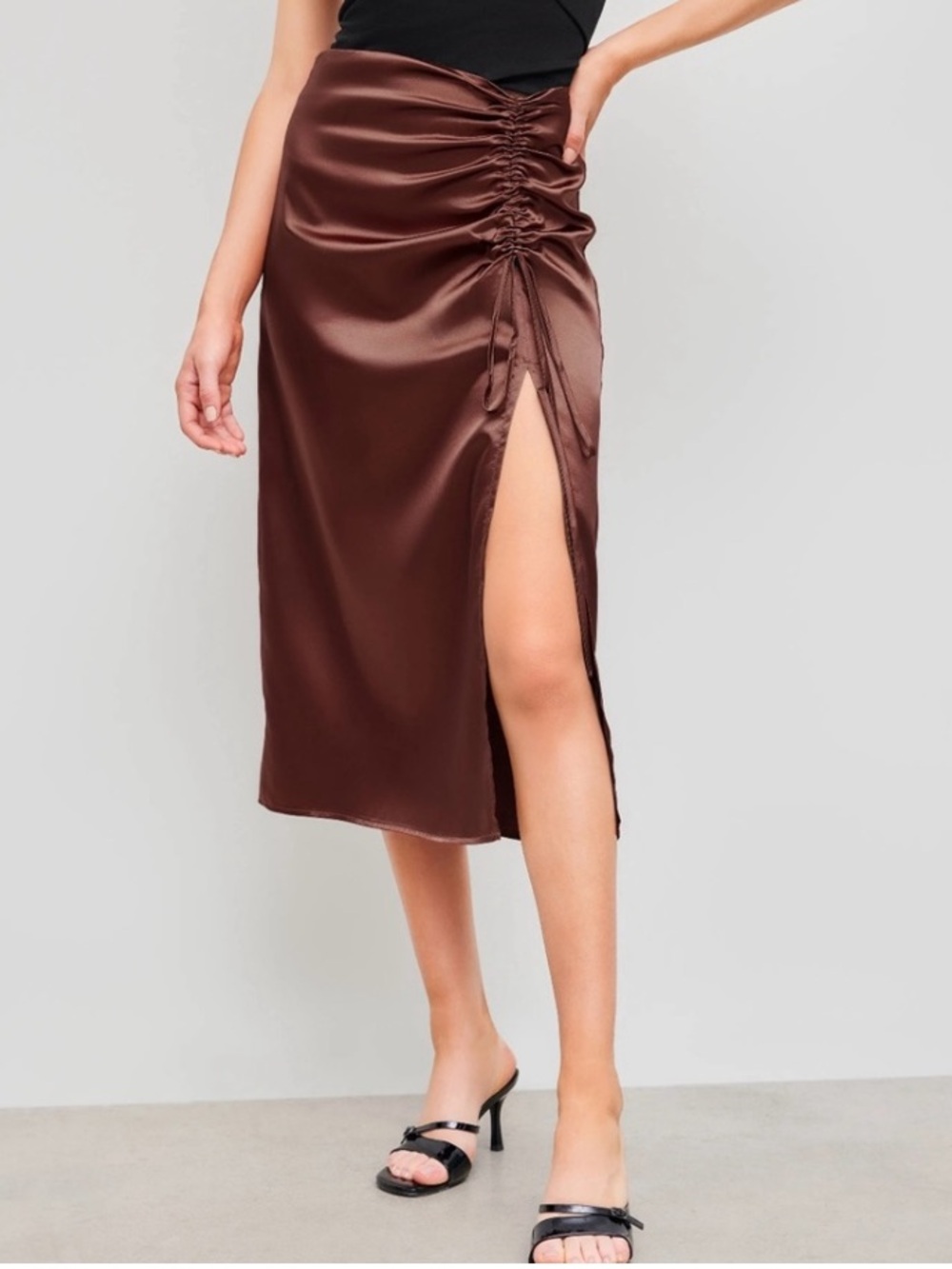 🟠NWT CIDER Satin Adjustable Drawstring Split MIDI Skirt in Rust LARGE
